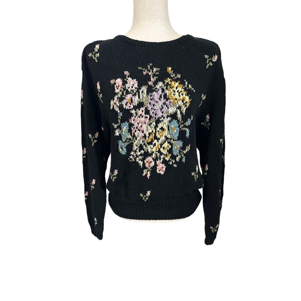 Liz Claiborne Collection Black Rose Floral Hand Knit Sweater Silk Cotton Size L